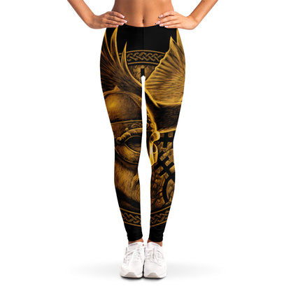 Gold Viking God Odin And Crow Print Women's Leggings