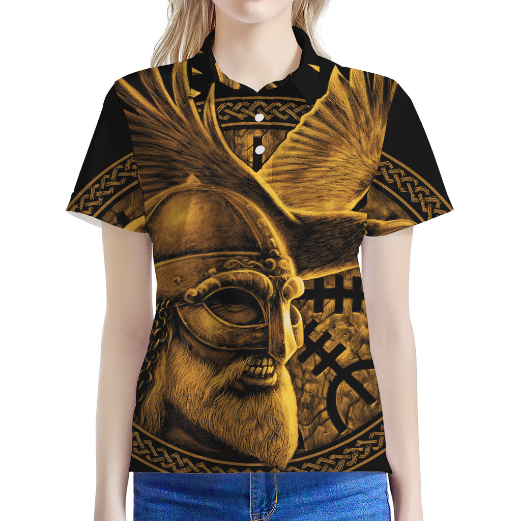 Gold Viking God Odin And Crow Print Women's Polo Shirt