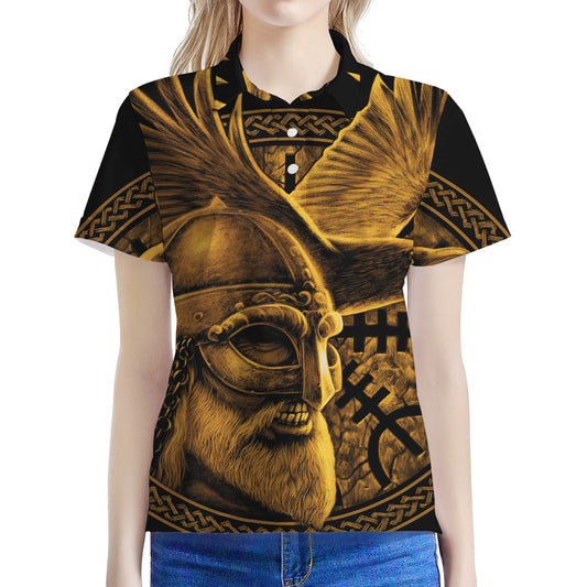 Gold Viking God Odin And Crow Print Women's Polo Shirt