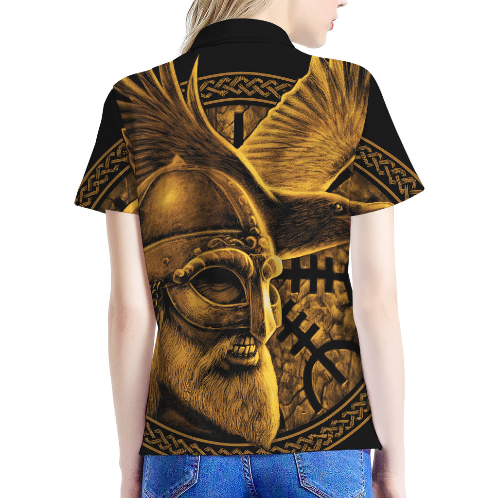 Gold Viking God Odin And Crow Print Women's Polo Shirt