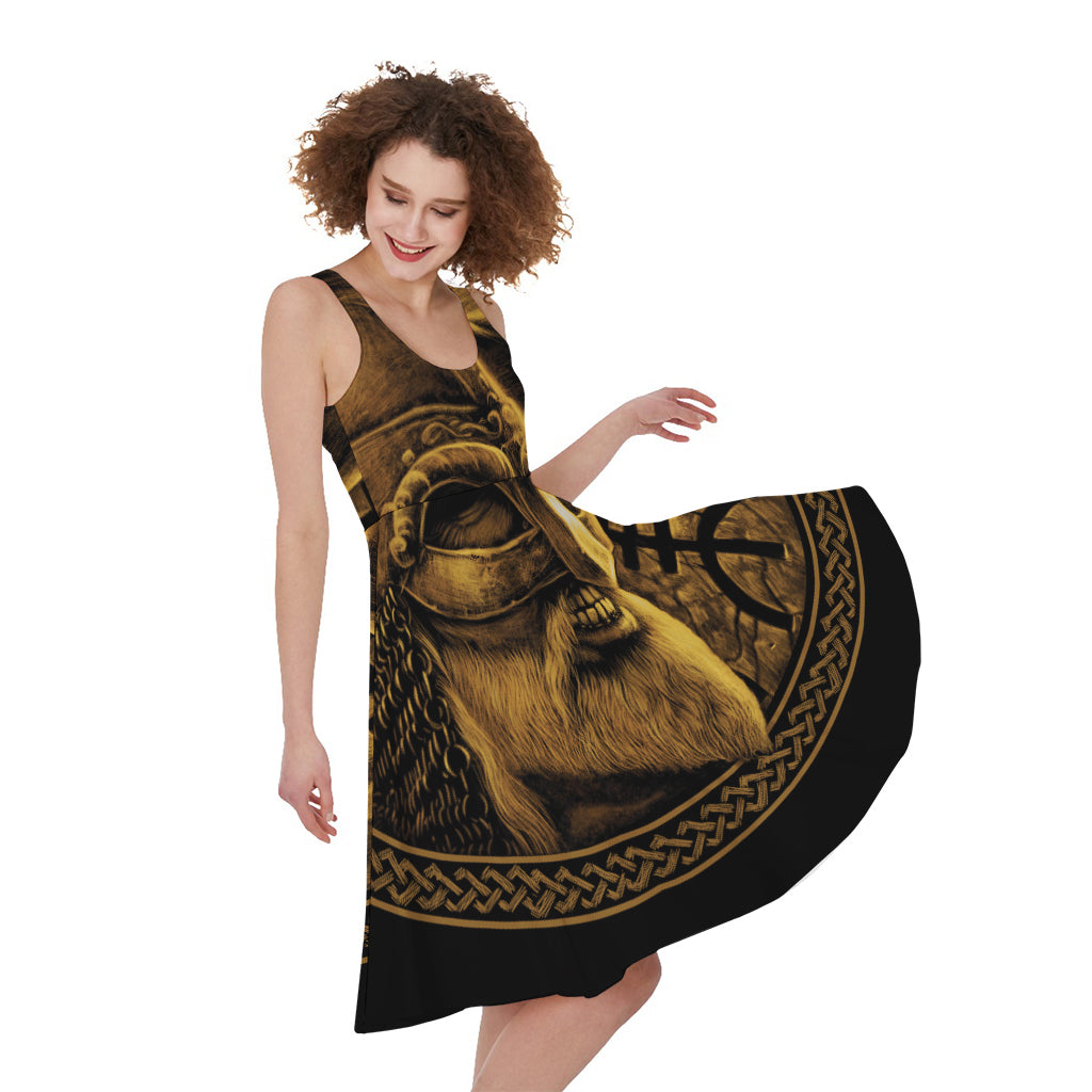 Gold Viking God Odin And Crow Print Women's Sleeveless Dress