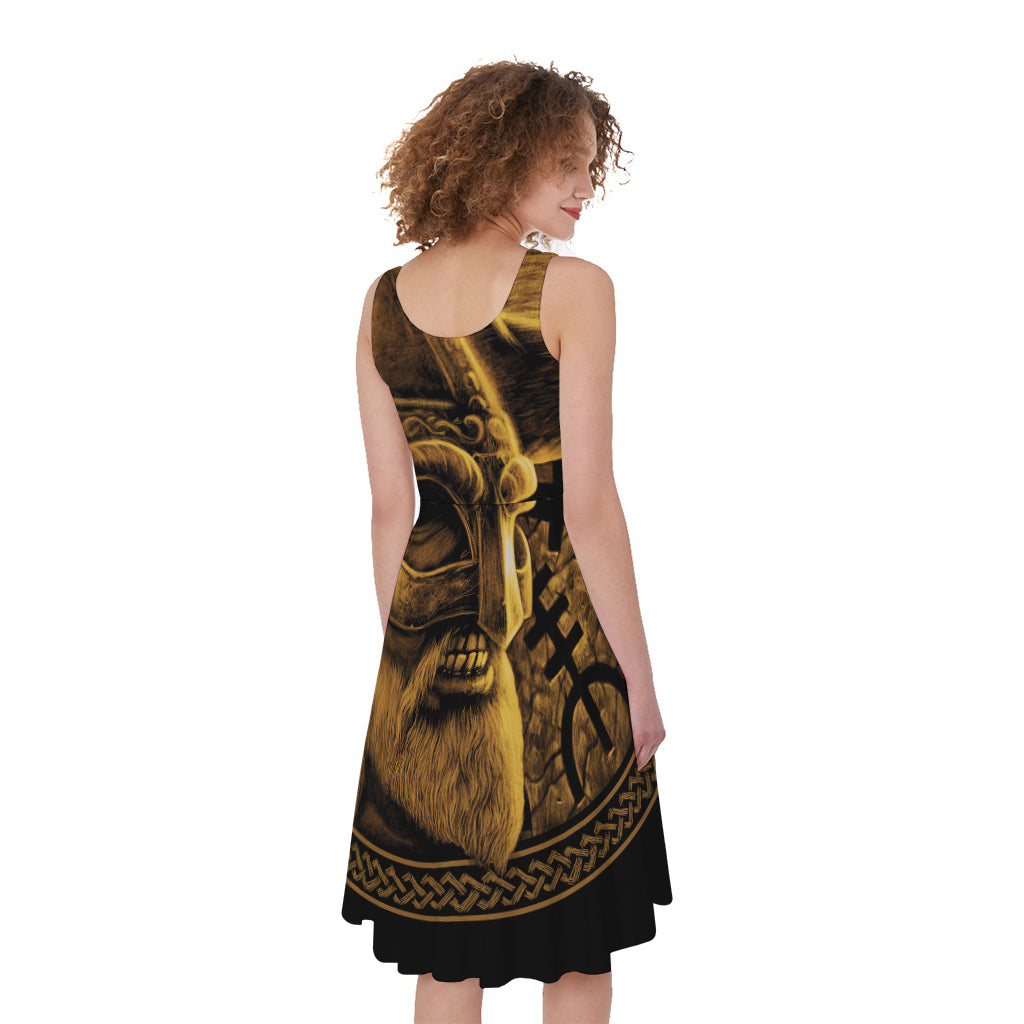 Gold Viking God Odin And Crow Print Women's Sleeveless Dress