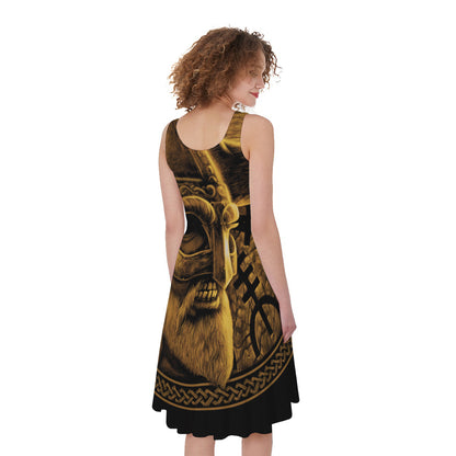 Gold Viking God Odin And Crow Print Women's Sleeveless Dress