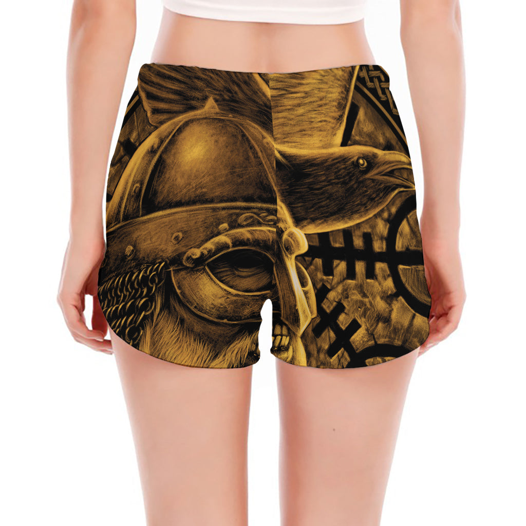 Gold Viking God Odin And Crow Print Women's Split Running Shorts