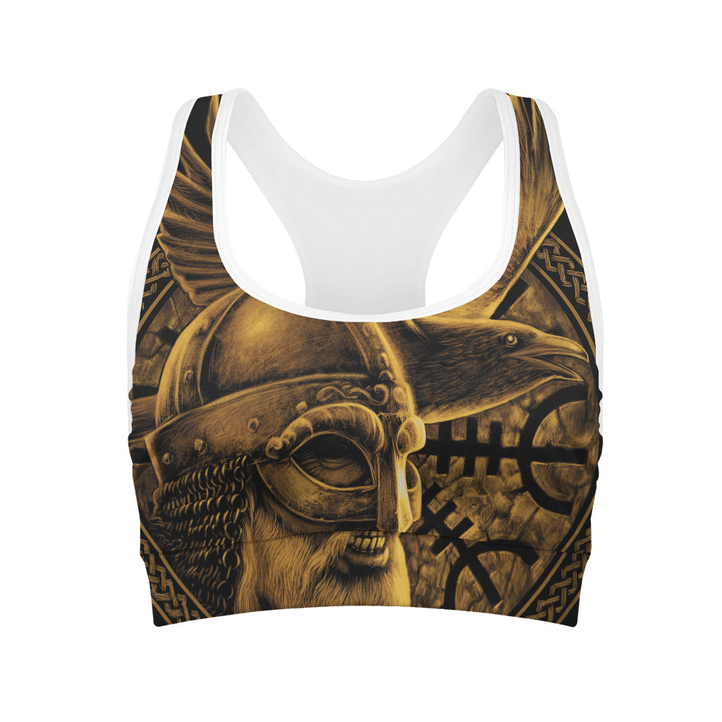 Gold Viking God Odin And Crow Print Women's Sports Bra