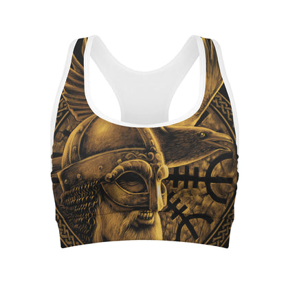 Gold Viking God Odin And Crow Print Women's Sports Bra