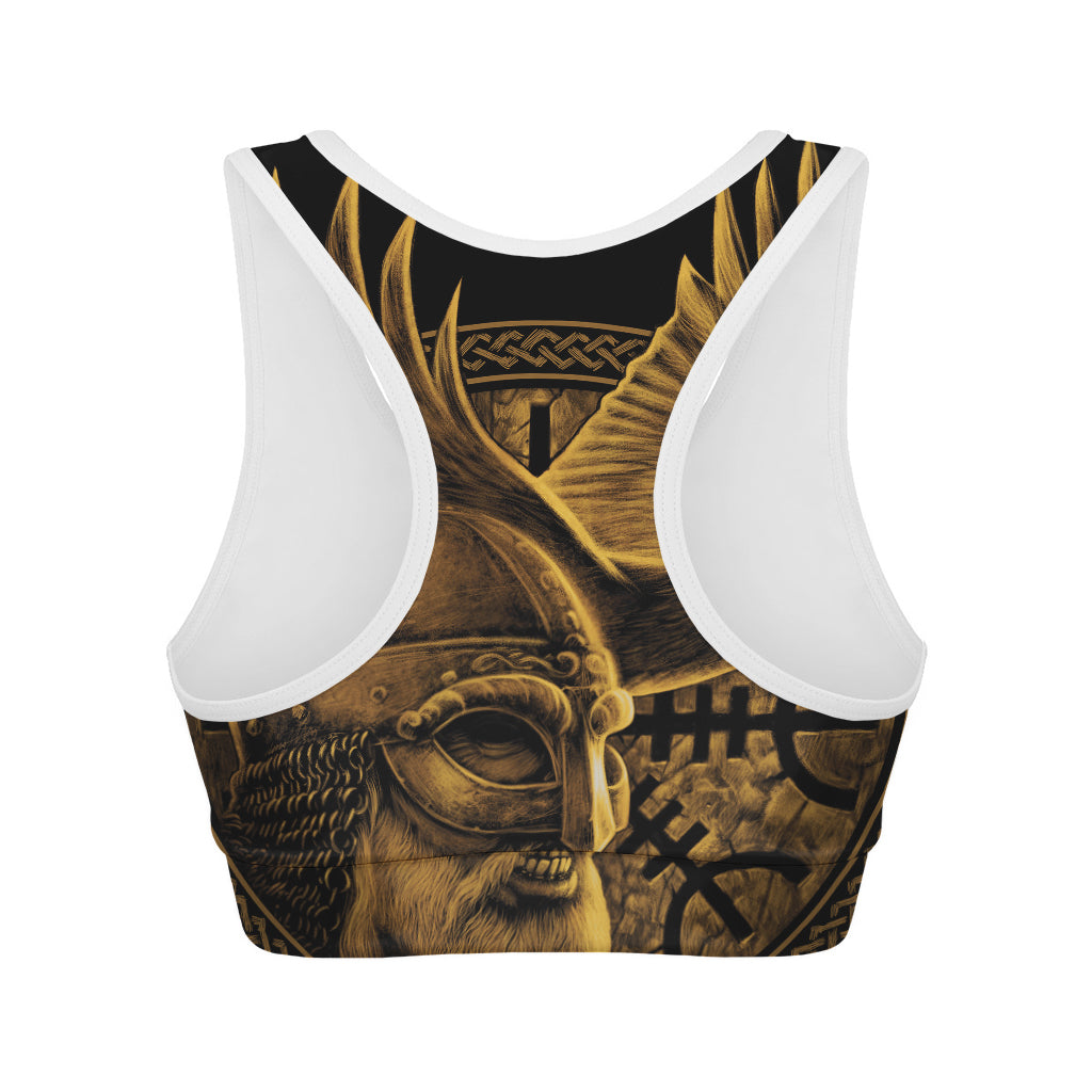 Gold Viking God Odin And Crow Print Women's Sports Bra