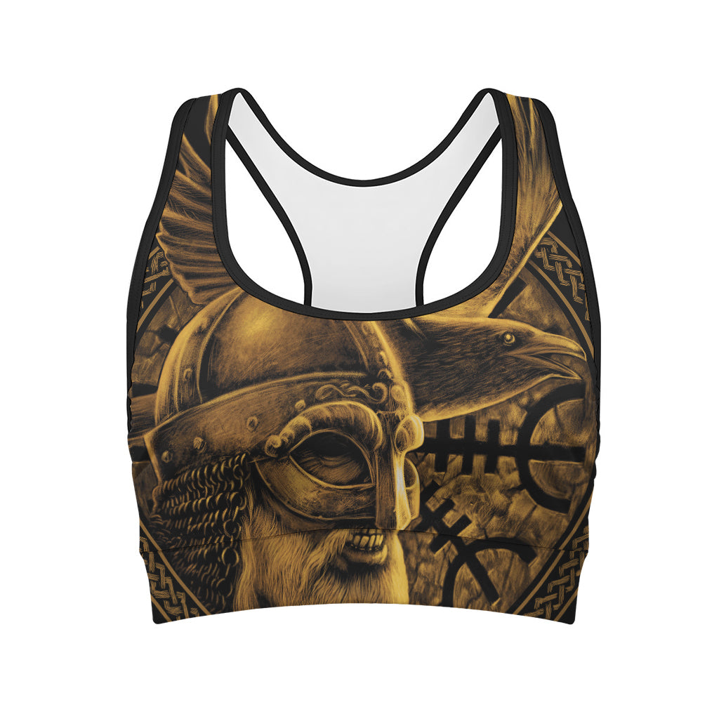 Gold Viking God Odin And Crow Print Women's Sports Bra