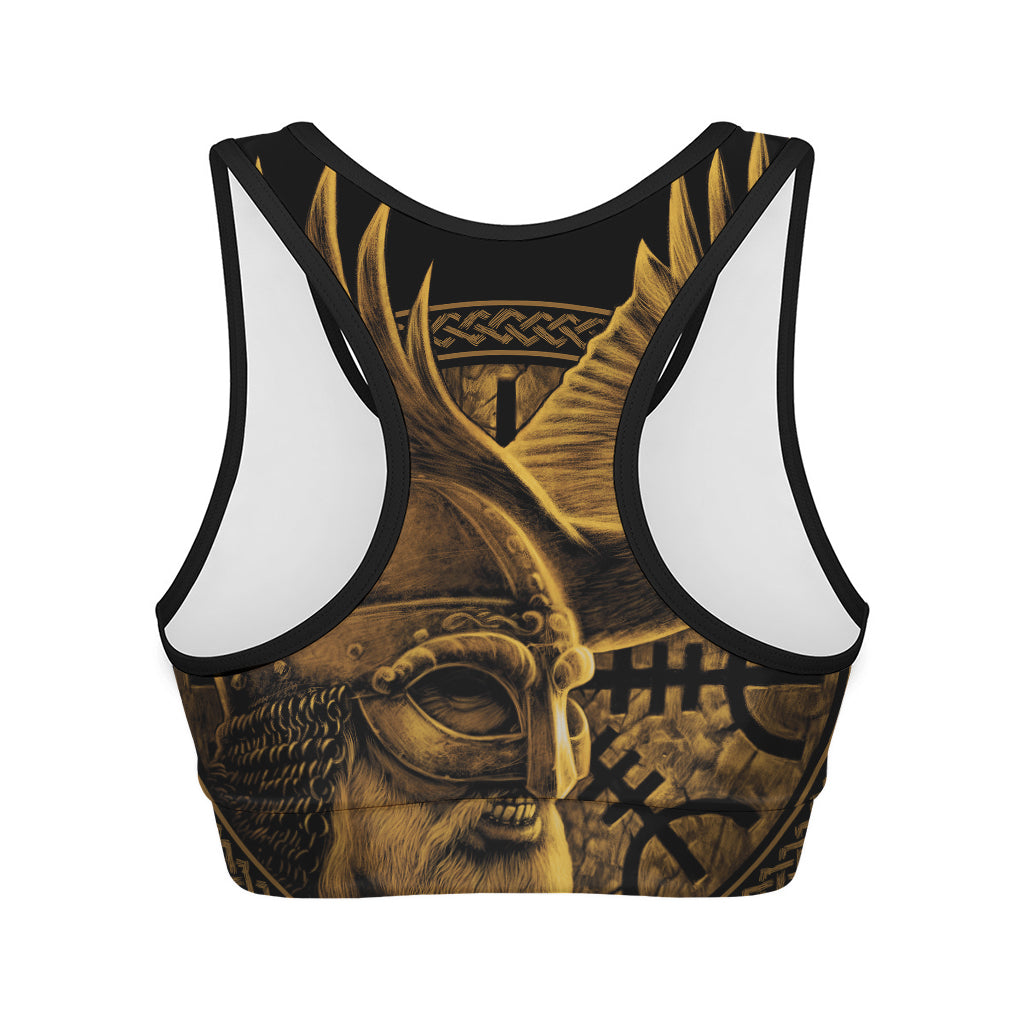 Gold Viking God Odin And Crow Print Women's Sports Bra