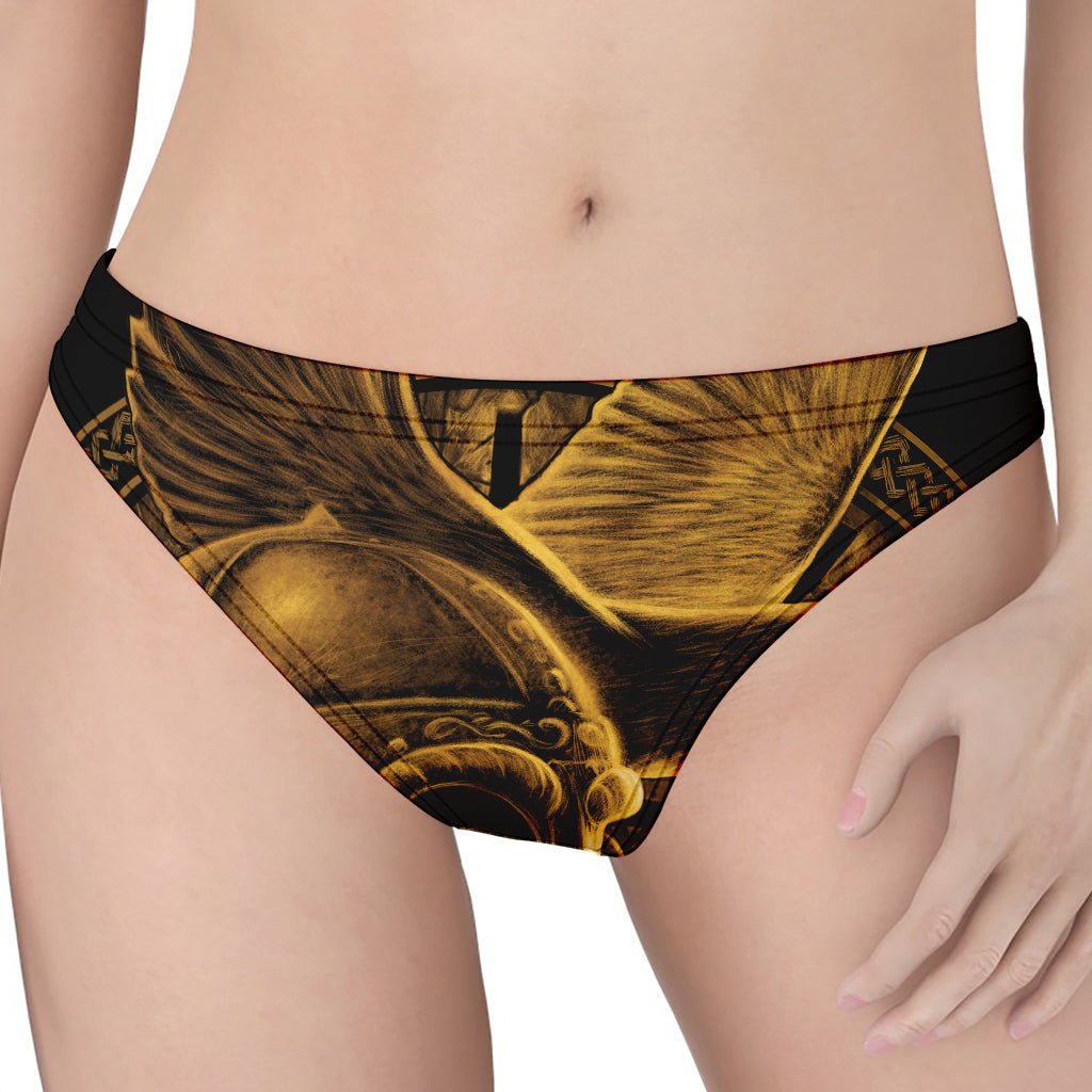 Gold Viking God Odin And Crow Print Women's Thong