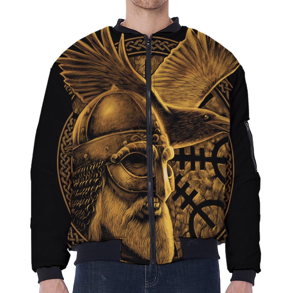 Gold Viking God Odin And Crow Print Zip Sleeve Bomber Jacket