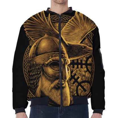 Gold Viking God Odin And Crow Print Zip Sleeve Bomber Jacket
