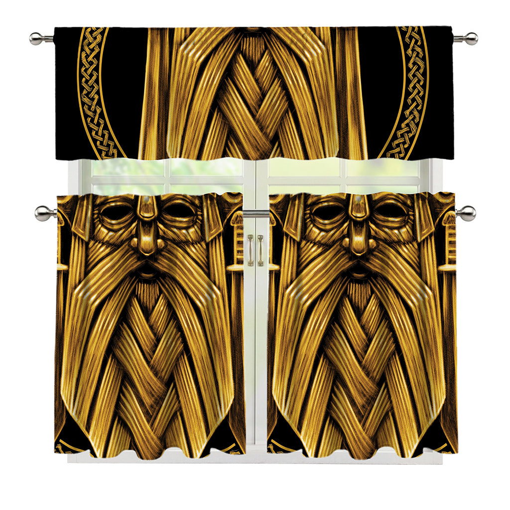 Gold Viking Norse God Odin Print 3 Piece Kitchen Curtains