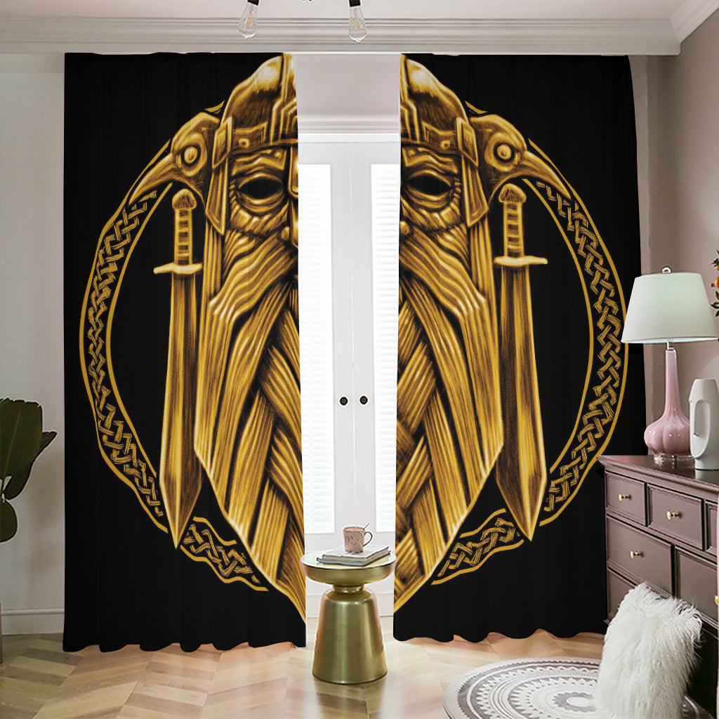 Gold Viking Norse God Odin Print Blackout Pencil Pleat Curtains