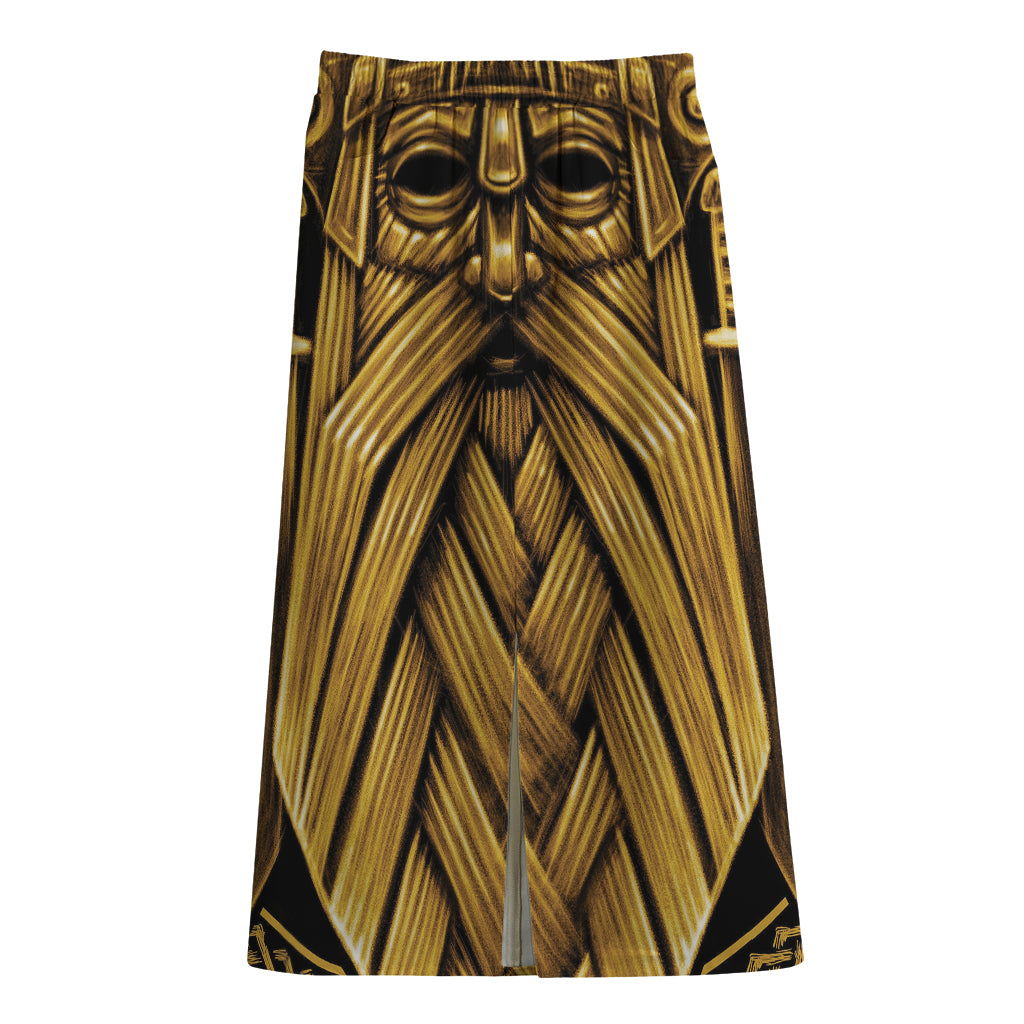 Gold Viking Norse God Odin Print Cotton Front Slit Maxi Skirt