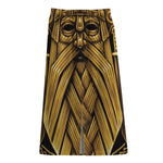 Gold Viking Norse God Odin Print Cotton Front Slit Maxi Skirt