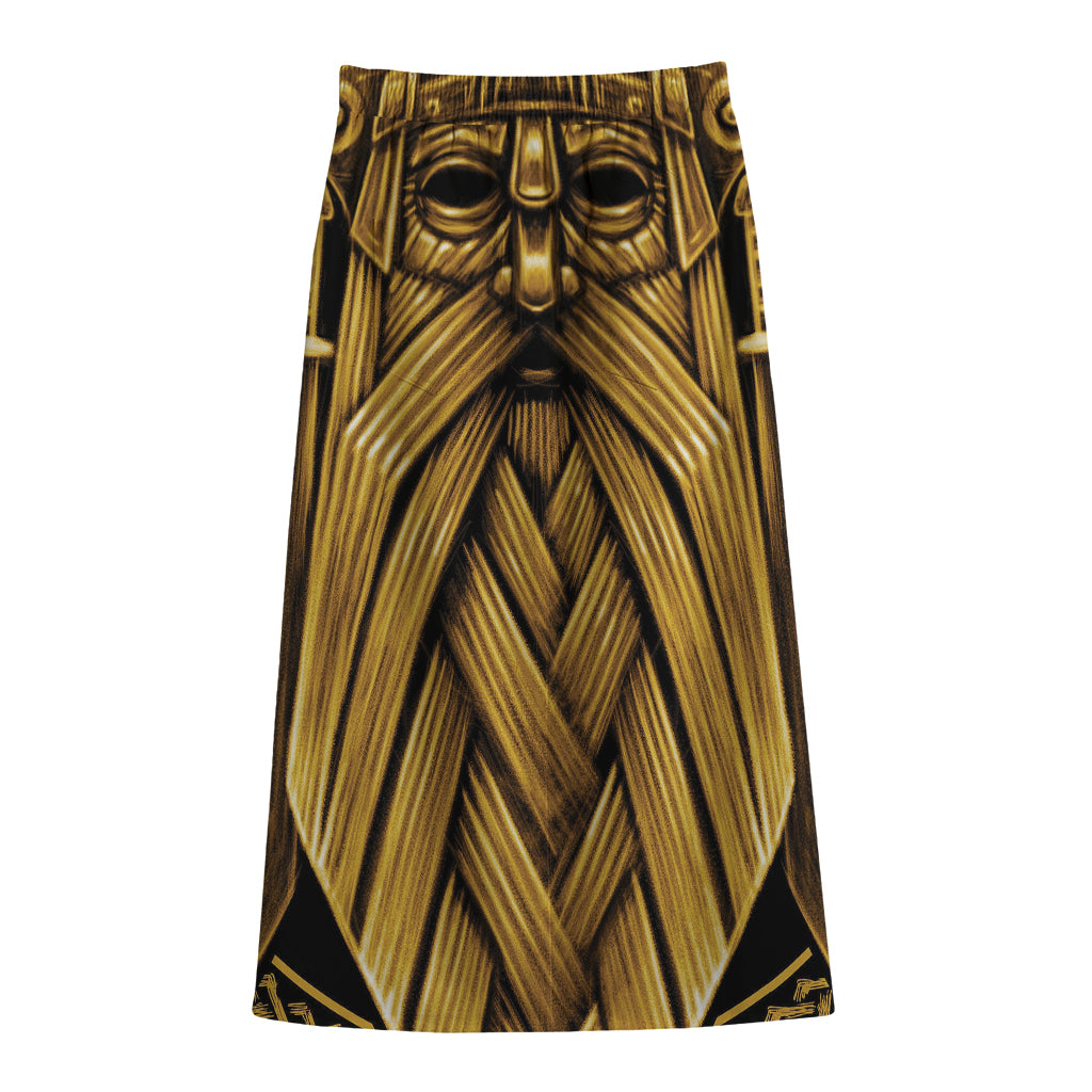 Gold Viking Norse God Odin Print Cotton Front Slit Maxi Skirt