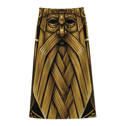 Gold Viking Norse God Odin Print Cotton Front Slit Maxi Skirt