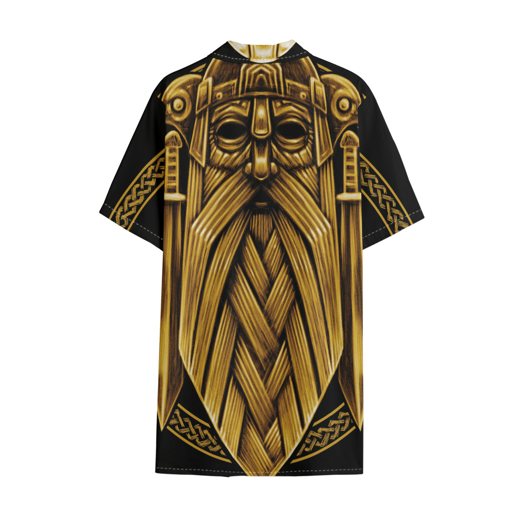 Gold Viking Norse God Odin Print Cotton Hawaiian Shirt
