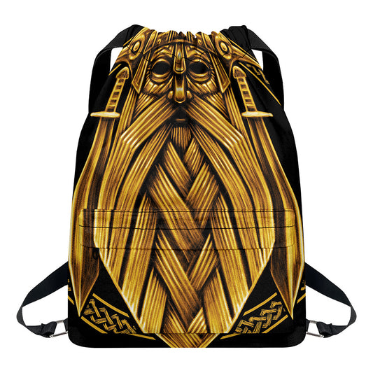 Gold Viking Norse God Odin Print Drawstring Backpack