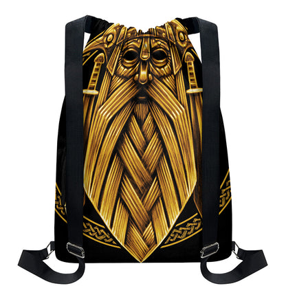 Gold Viking Norse God Odin Print Drawstring Backpack