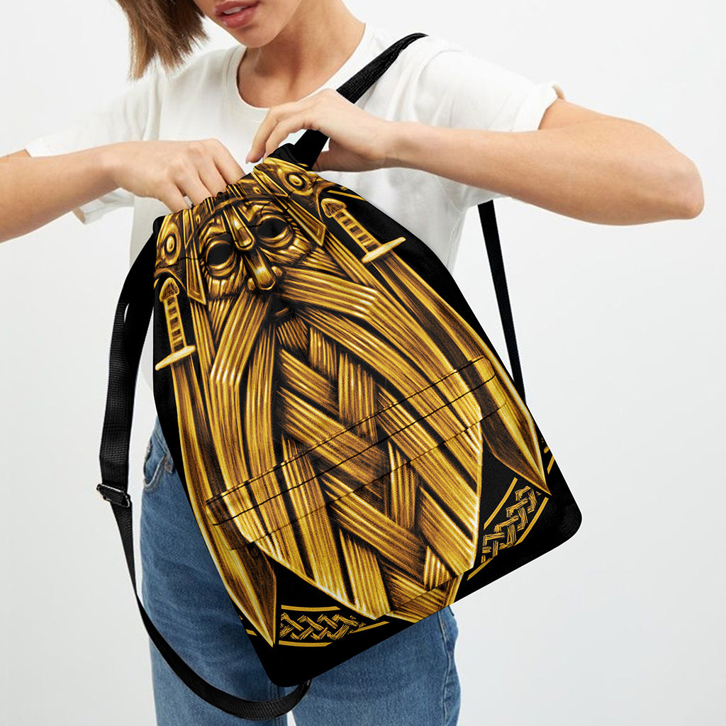 Gold Viking Norse God Odin Print Drawstring Backpack