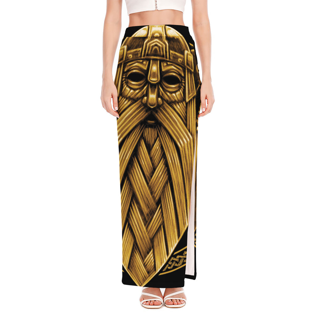 Gold Viking Norse God Odin Print High Slit Maxi Skirt