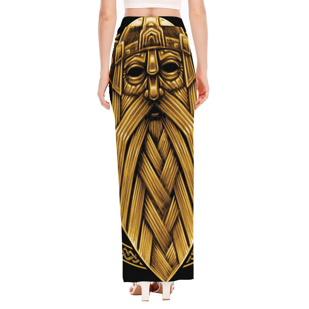 Gold Viking Norse God Odin Print High Slit Maxi Skirt