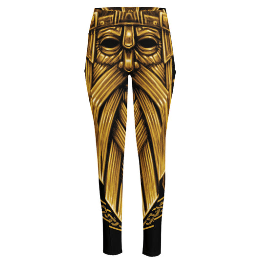 Gold Viking Norse God Odin Print High-Waisted Pocket Leggings