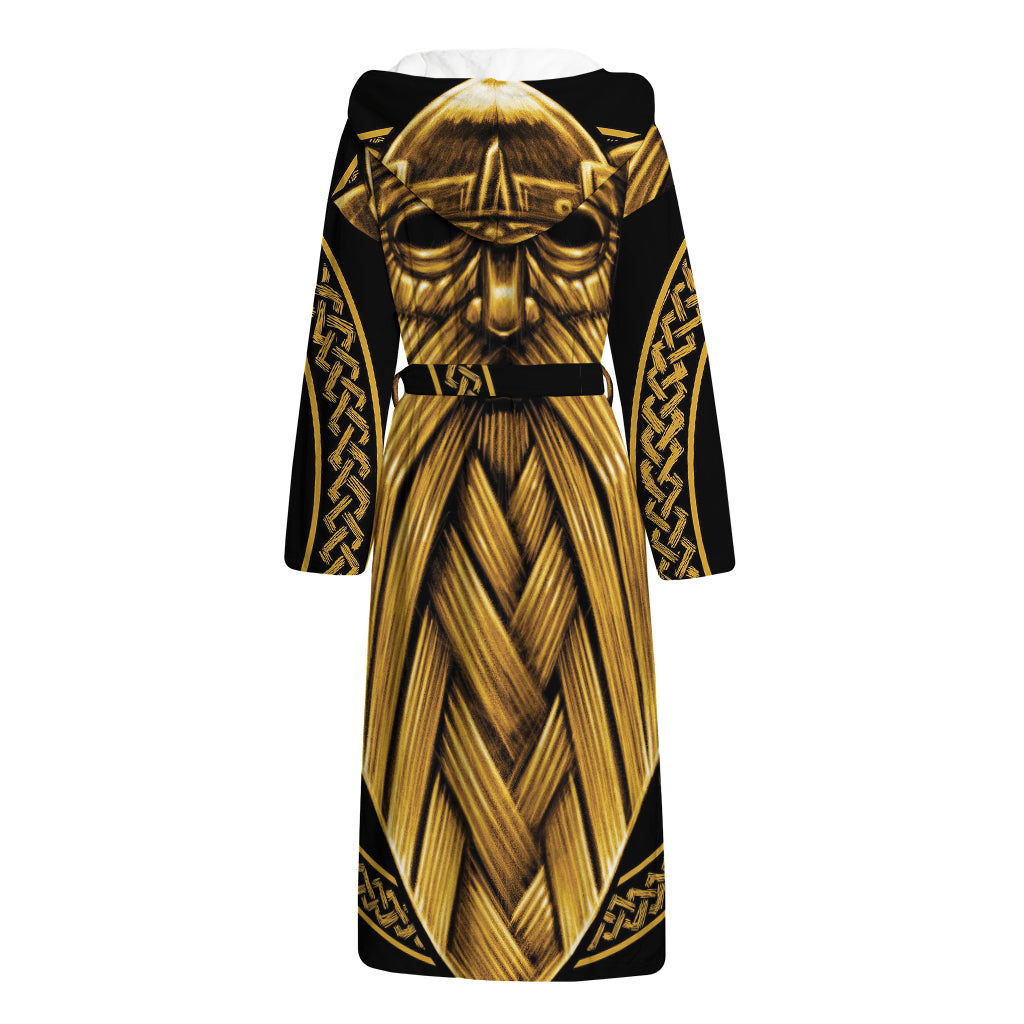 Gold Viking Norse God Odin Print Hooded Bathrobe