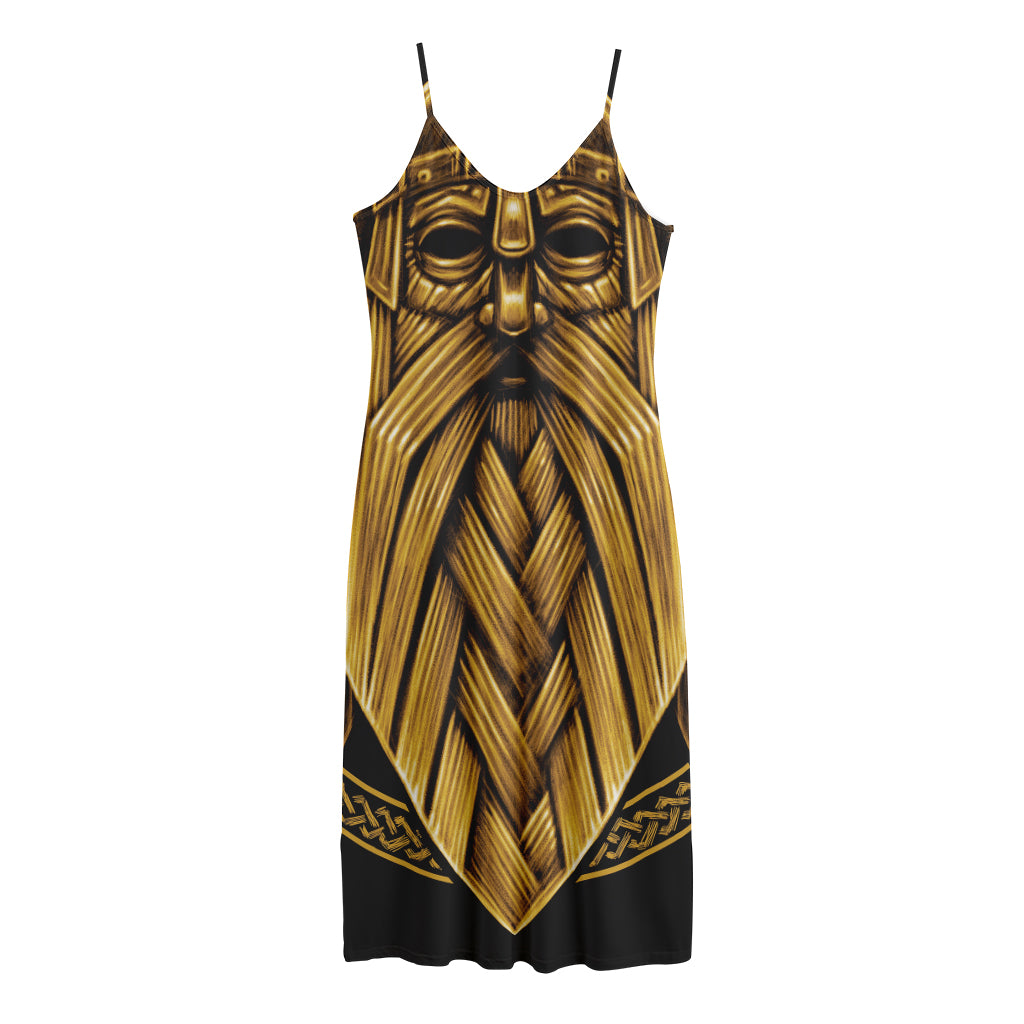 Gold Viking Norse God Odin Print Jersey Midi Cami Dress