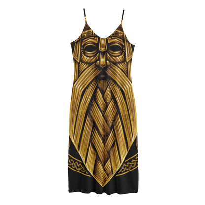 Gold Viking Norse God Odin Print Jersey Midi Cami Dress