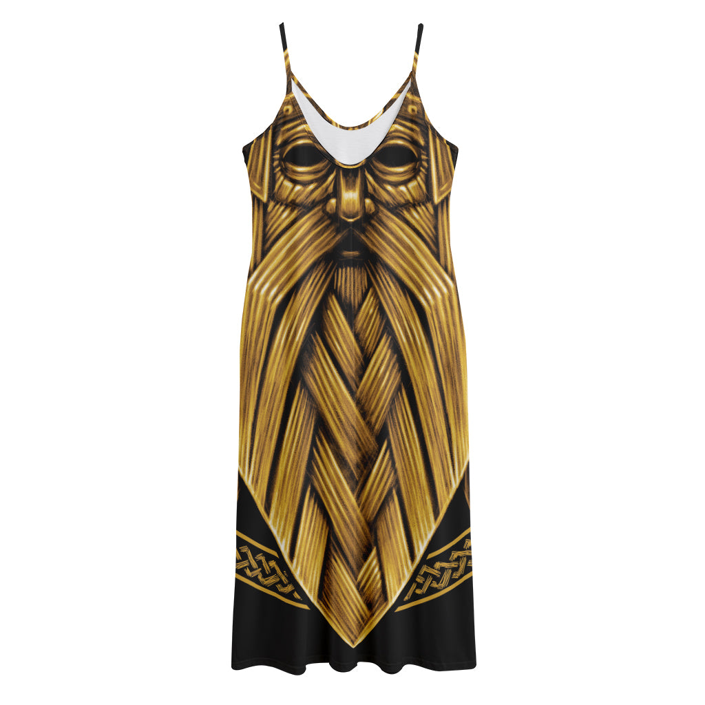 Gold Viking Norse God Odin Print Jersey Midi Cami Dress