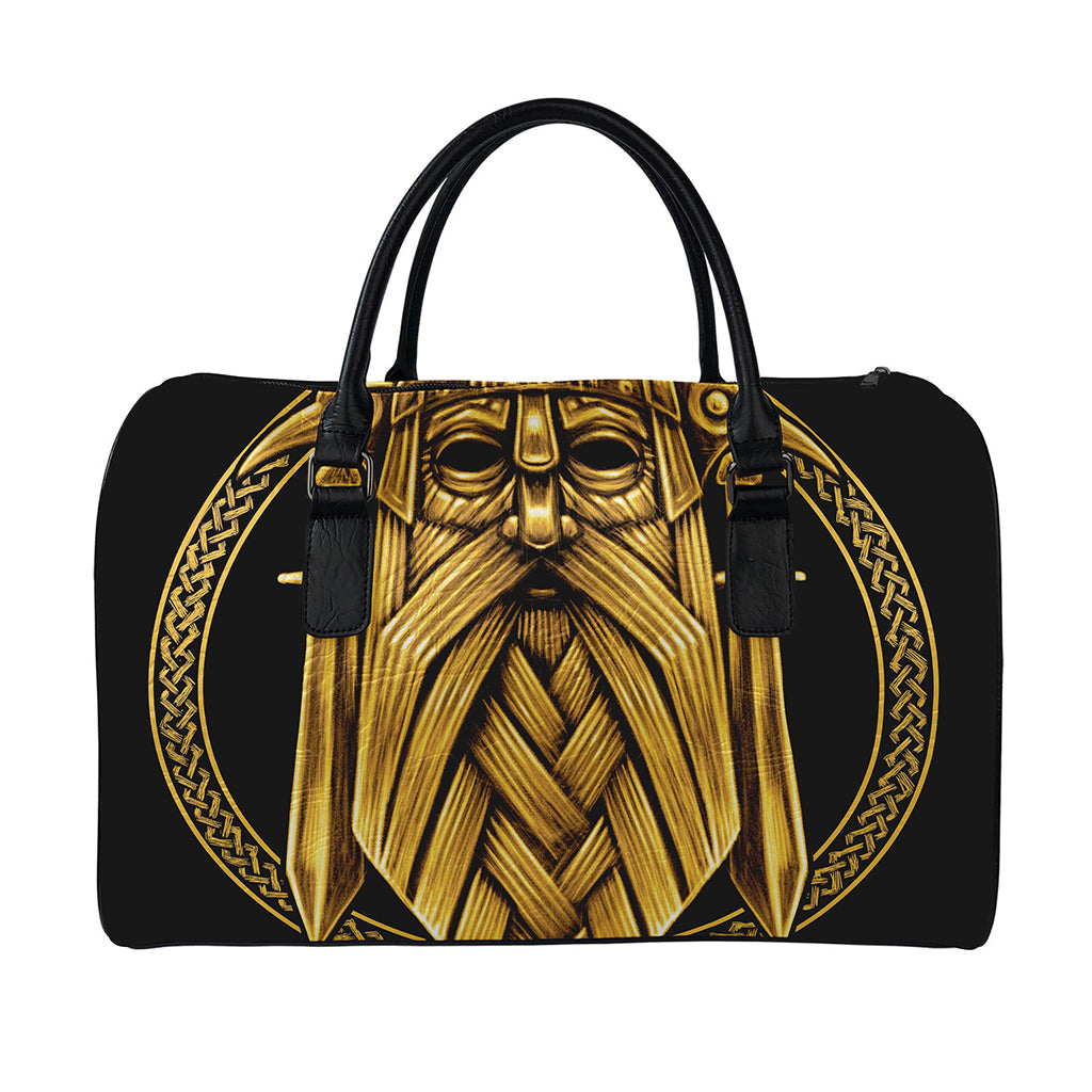 Gold Viking Norse God Odin Print Leather Duffle Bag
