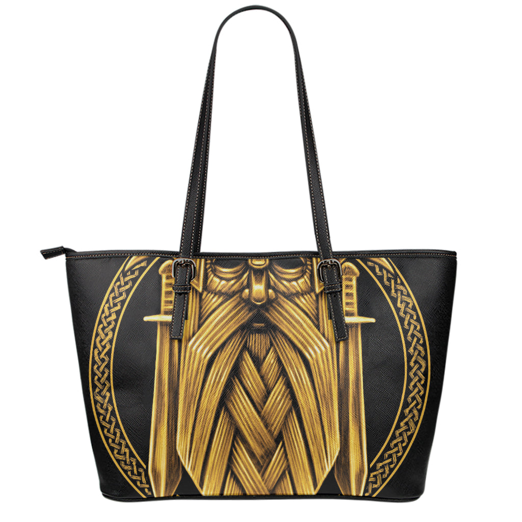 Gold Viking Norse God Odin Print Leather Tote Bag