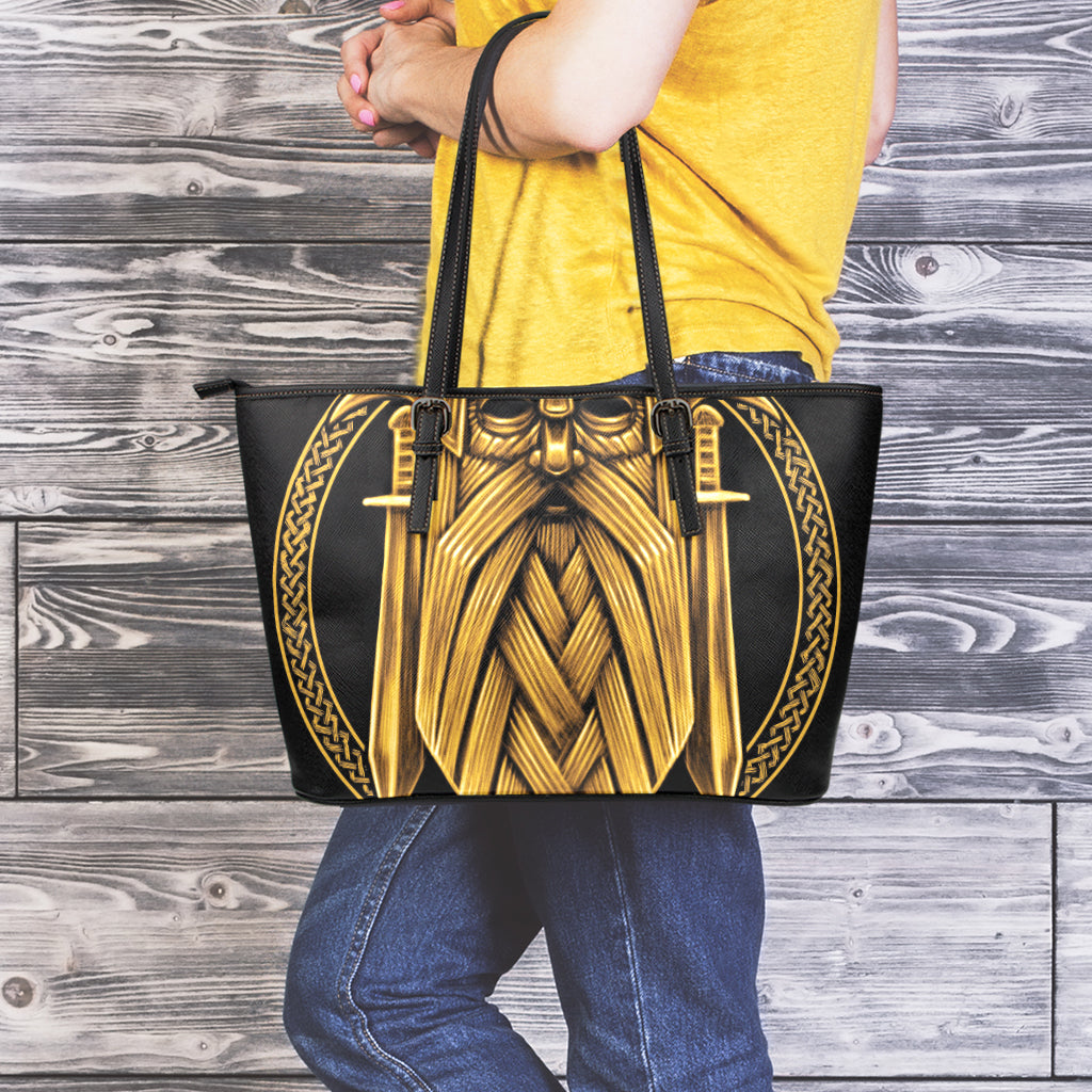 Gold Viking Norse God Odin Print Leather Tote Bag