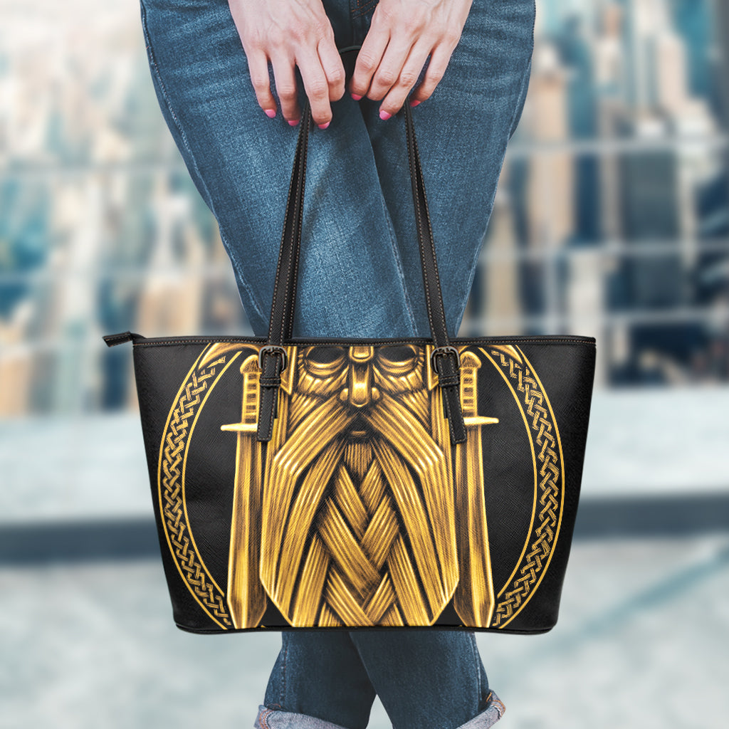 Gold Viking Norse God Odin Print Leather Tote Bag