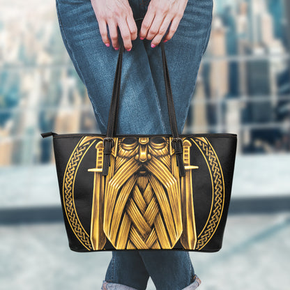 Gold Viking Norse God Odin Print Leather Tote Bag