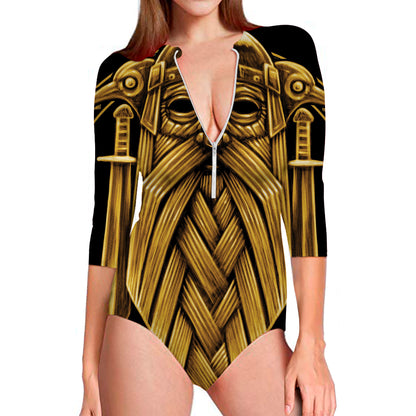 Gold Viking Norse God Odin Print Long Sleeve Swimsuit