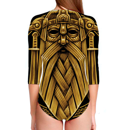 Gold Viking Norse God Odin Print Long Sleeve Swimsuit