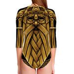 Gold Viking Norse God Odin Print Long Sleeve Swimsuit