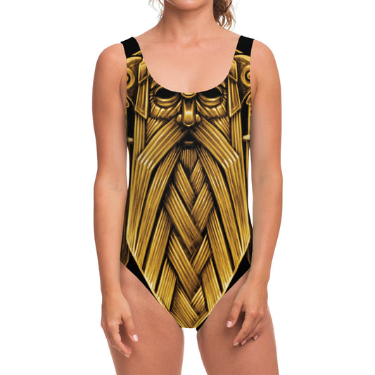 Gold Viking Norse God Odin Print One Piece Swimsuit