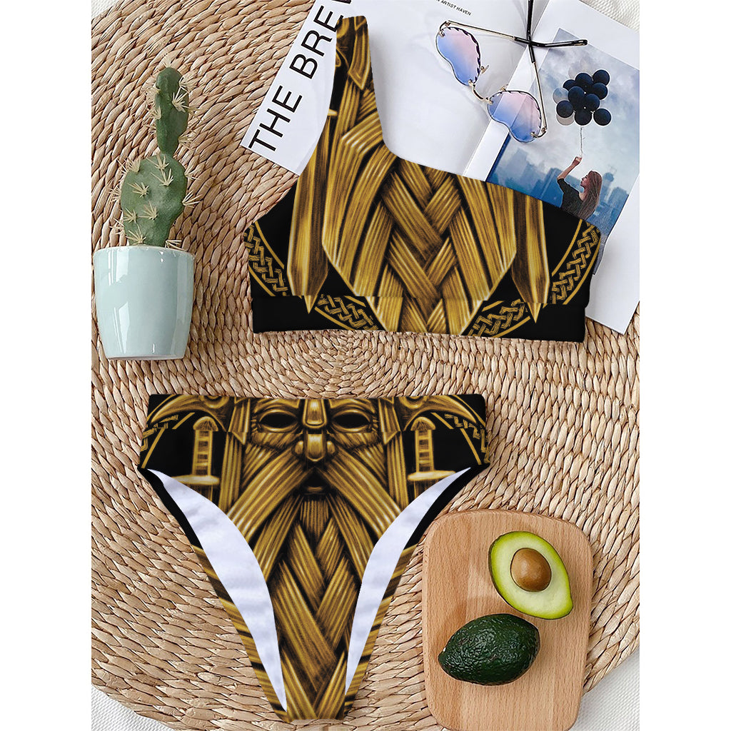 Gold Viking Norse God Odin Print One Shoulder Bikini Top