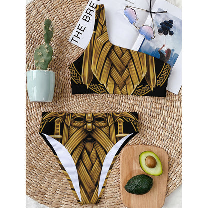 Gold Viking Norse God Odin Print One Shoulder Bikini Top