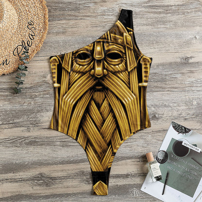 Gold Viking Norse God Odin Print One Shoulder Bodysuit