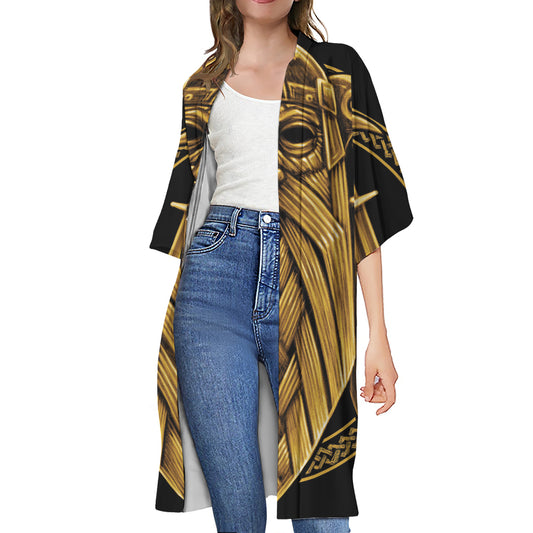 Gold Viking Norse God Odin Print Open Front Beach Cover Up