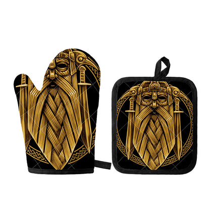 Gold Viking Norse God Odin Print Oven Mitt And Pot Holder Set