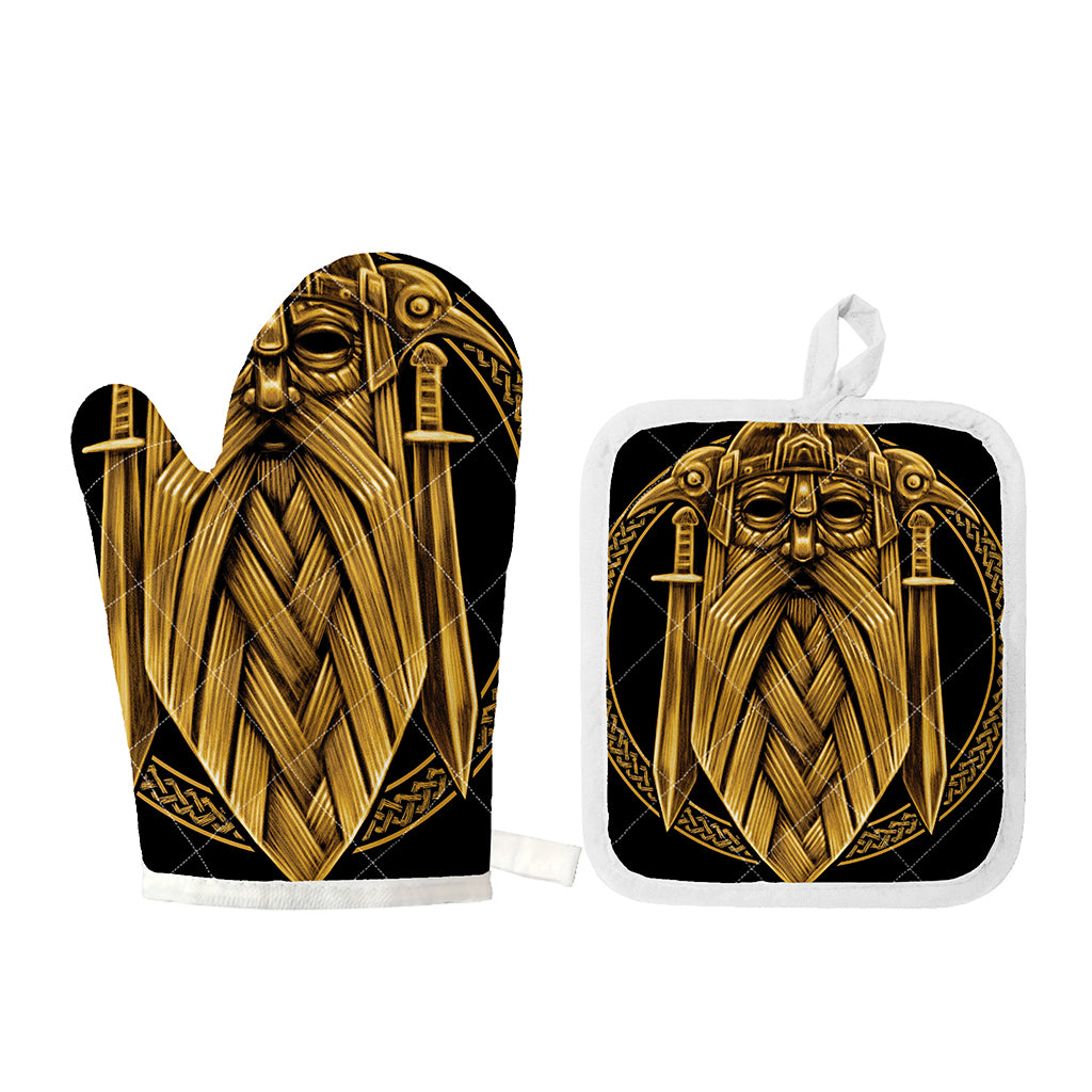 Gold Viking Norse God Odin Print Oven Mitt And Pot Holder Set