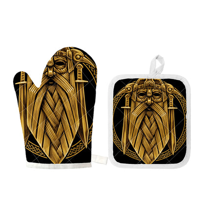 Gold Viking Norse God Odin Print Oven Mitt And Pot Holder Set