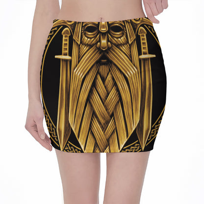 Gold Viking Norse God Odin Print Pencil Mini Skirt